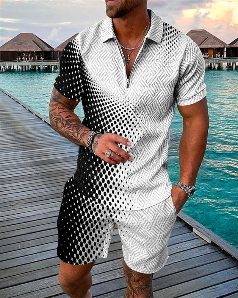 Summer Trend Mens Sweatsuit set Black And White Spot Gradient 3D Print Casual Zipper Polo Shirt Shorts 2pcs Sets Man Clothing 250304