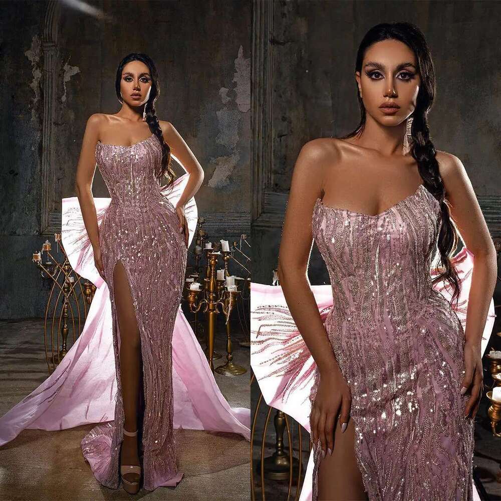 Custom Strapless Evening Mermaid Dresses Big Bow Sweep Train Backless Zipper Prom Dress
