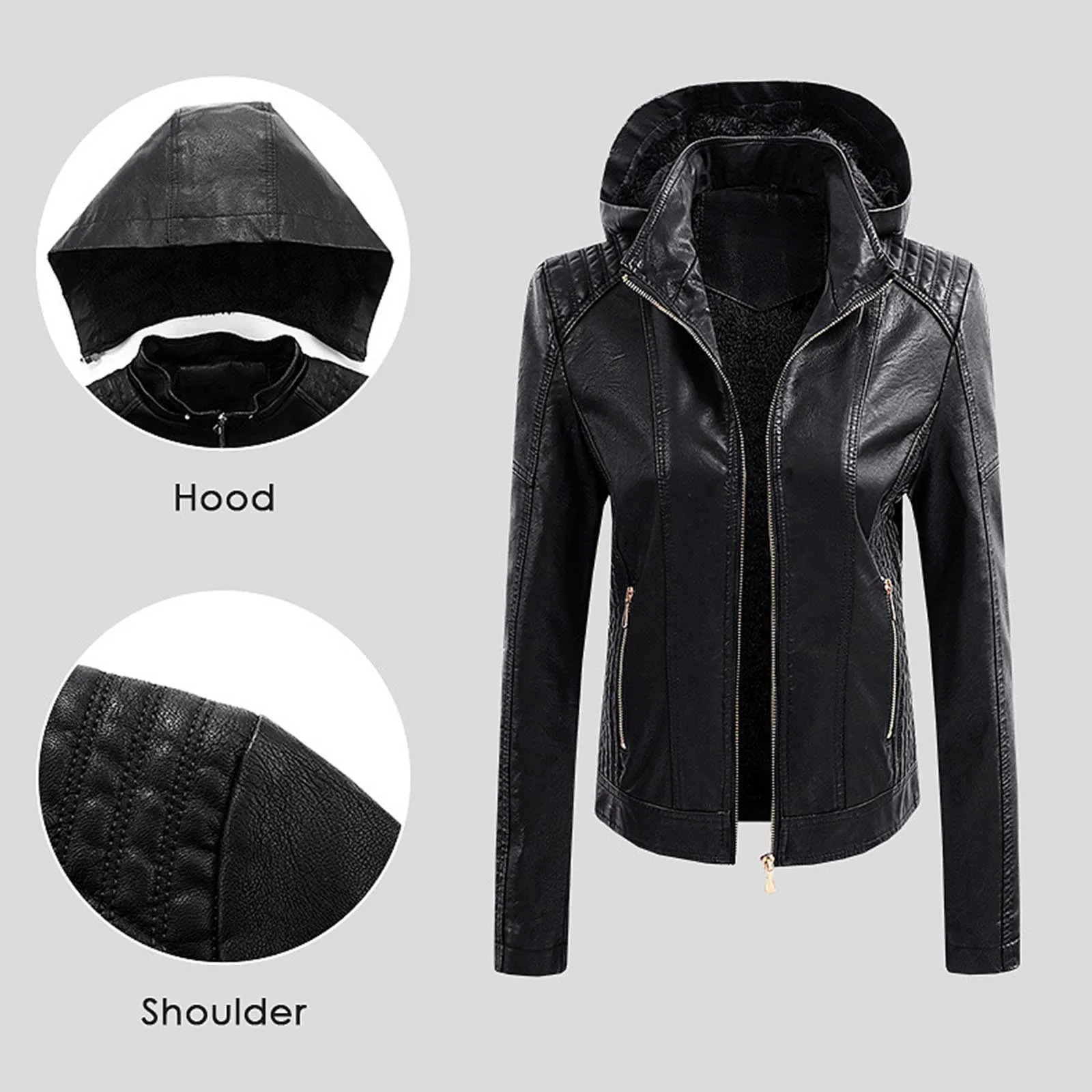 Womens long sleeved leather jacket motorcycle Pu fashionable womens with detachable hat 250226