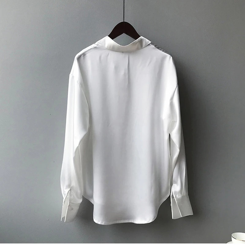 Spring Fashion Button Up Satin Silk Shirt Vintage Blouse Women White Tops Lady Long Sleeves Female Loose Street Shirts 11355 250303