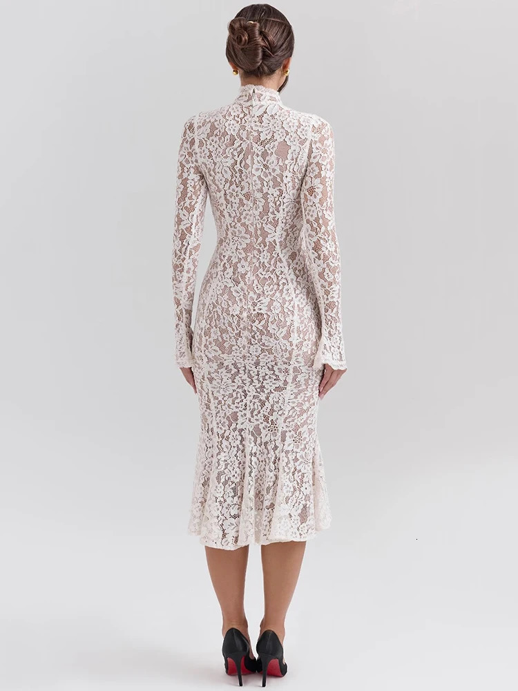 Elegant Lace Bodycon Midi Dress, Long Sleeve Party for Women, Half High Collar Sexy Club Dress C260312