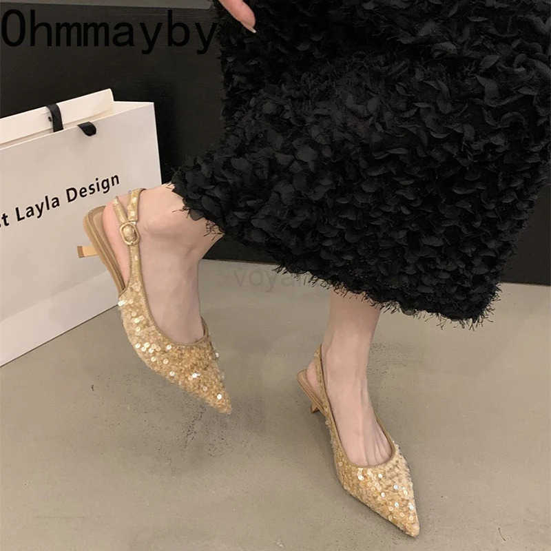 2025 New Summer Sequin Wen Sandals Fi Pointed Toe Slip Shoes Elegant Party Low Heel Shoes Z250304