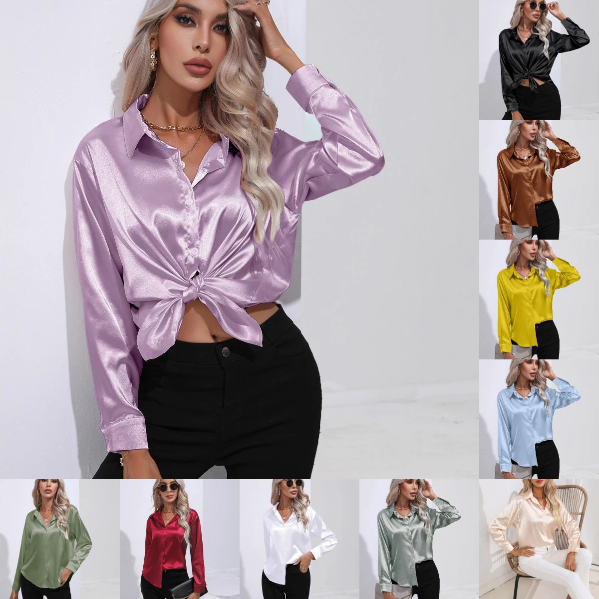 Autumn Casual Womens Blouses Elegant Satin Multicolor Basic Slim Shirt Solid Vintage Trend Ball Dance Party Shirt All-Match Top 250303