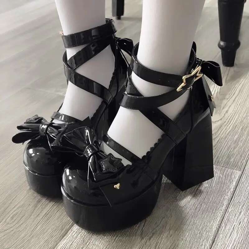 Lolita Women High Heels Woman Chunky Sandals Summer Mary Janes PU Leather Shoes Retro Bow Party Platform Pumps