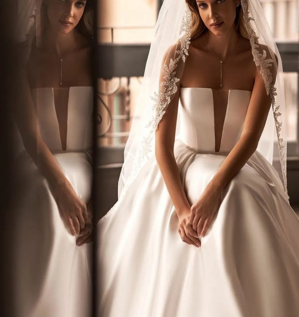 A-Line Wedding Dresses Ivory Pleats Floor Length Bridal Gown Vestido de novia Women Dresses V-Neck Satin Wedding Dresses With Pockets
