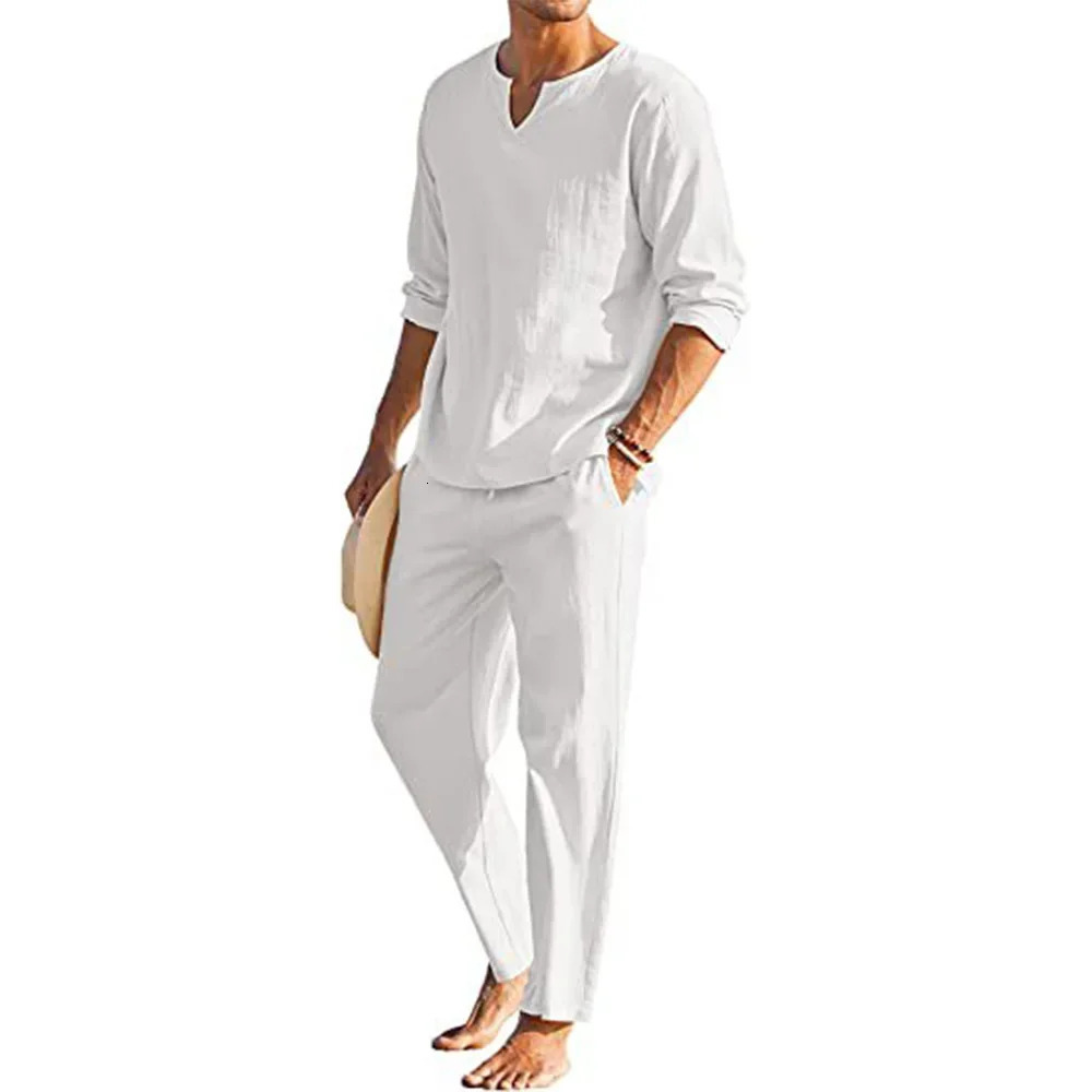 Casual cotton linen twopiece mens set fashionable loose Vneck long sleeved top and Trouser beach style summer clothing 250224