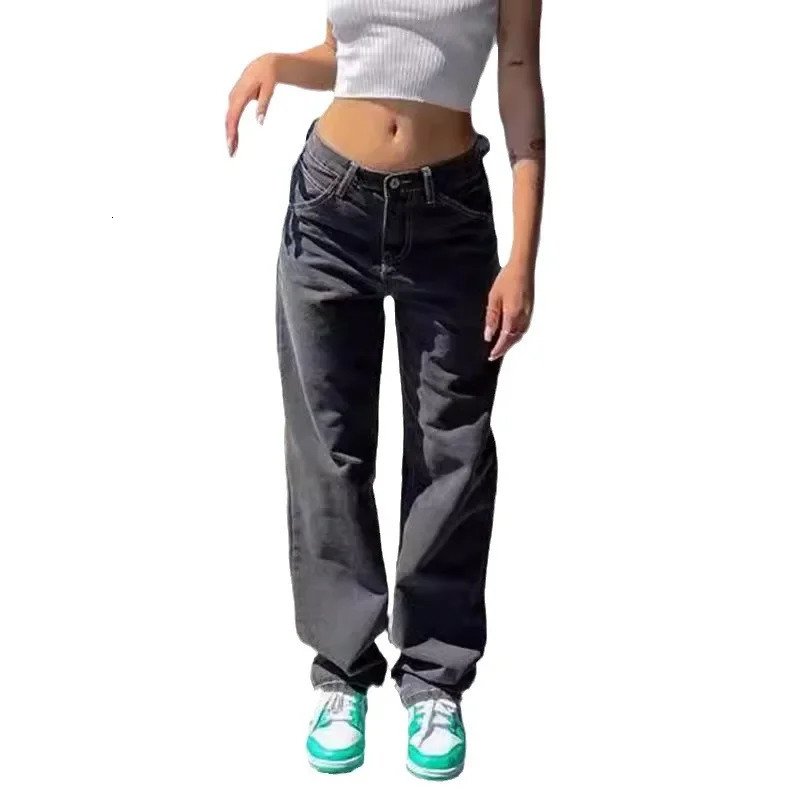 Vintage Wide Leg Pants Jeans Ankle Length Denim Solid Washed Pockets Mid Waist Basics Loose Fit Zipper Fly 2025 250227