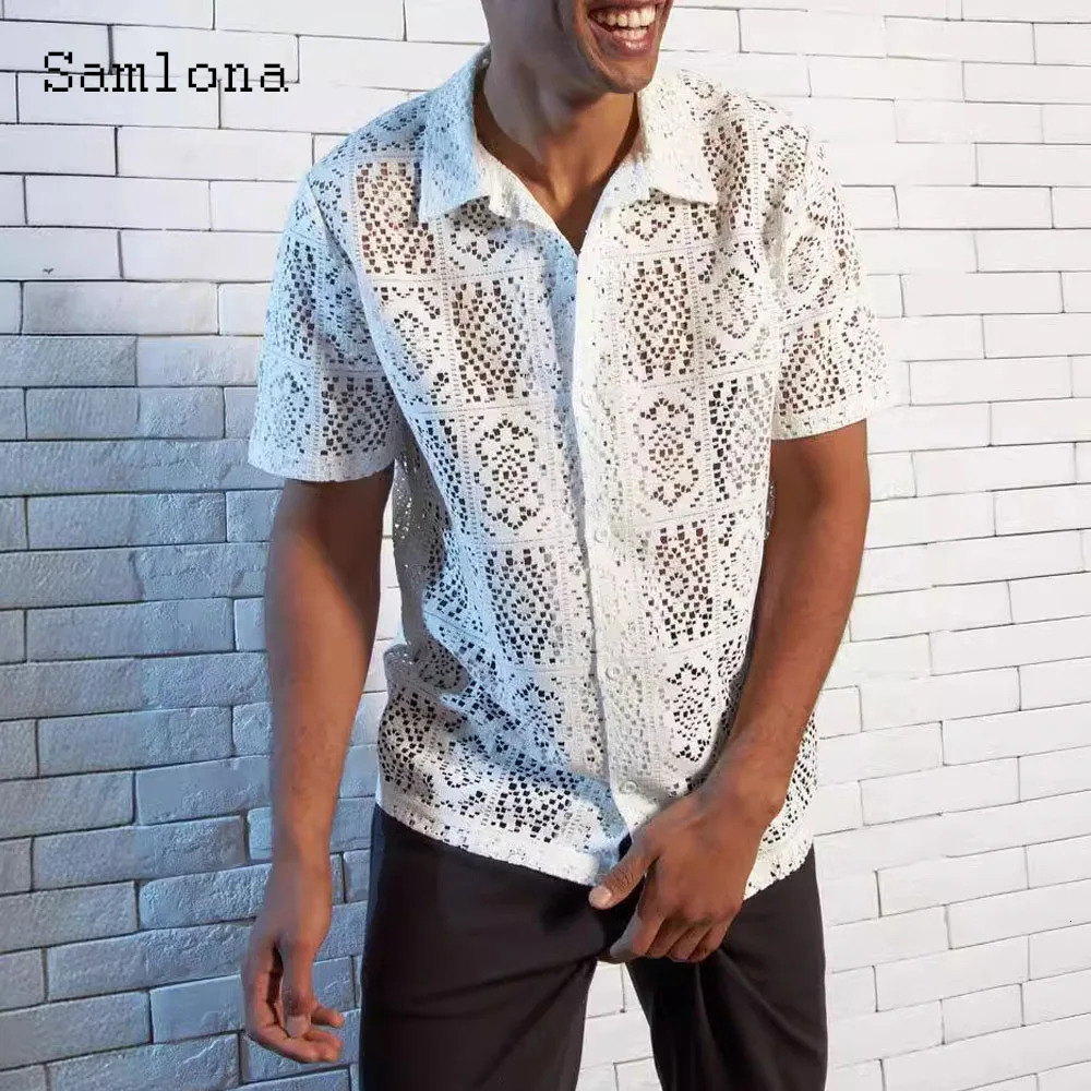 Solid White Soft Knitting Blouse Embroidery Lace Shirt Mens Hollow Out Beach Top Cardigans Plus Size Mens Lepal Collar Knitwear 250304