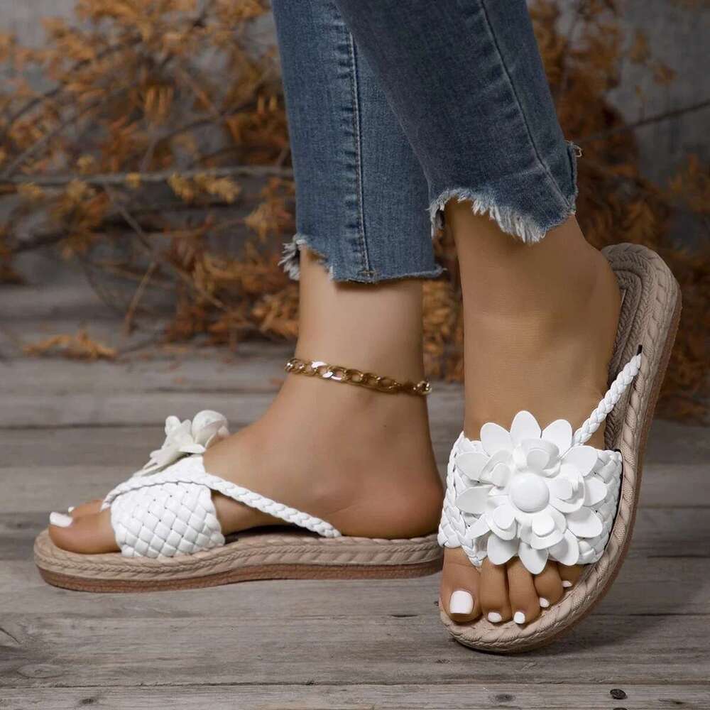 Braided Summer ral Flat Slippers Classics Solid PU Leather Women Non Slip Flip ps Soft Comfortable Beach Sandals Femme