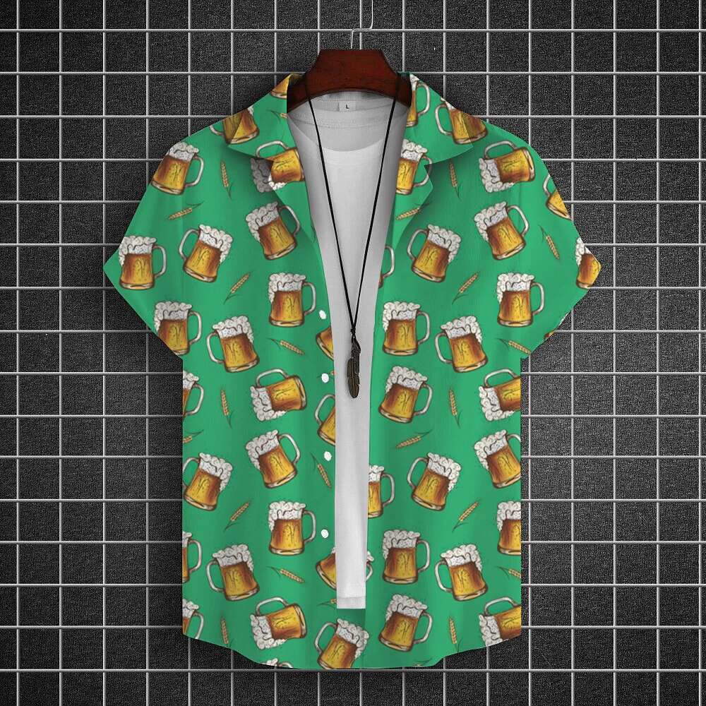 Summer New Men's Shirt 3D Printed Enhanced Beer Pattern Designer Fashion Button Short Sleeve Collar Street Wear Hawaiian Women's Shirt Beach