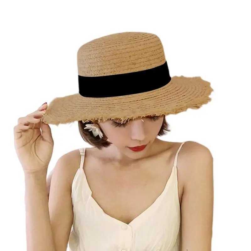 Str Beach Hat Womens Wide Stripe Bow Str Panama Hat Fashion Summer Beach Sun Hat Bow Breathable Str HatXJ250304