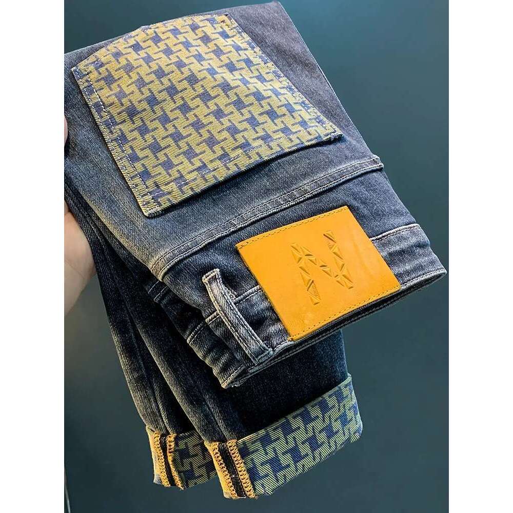 Spring New Trendy Jeans For Men's High End Light Fashion Print Elastic Casual Straight Fit Loose Cotton Denim Pants