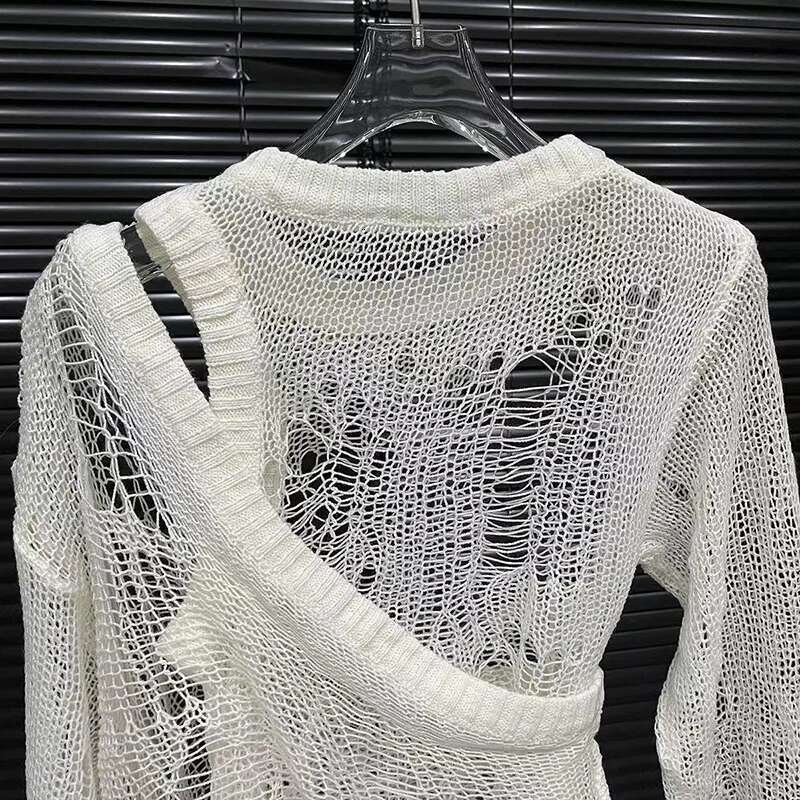 2025 Spring New Pin Fake Two Piece Knitted Shirt For Women Versatile Hollow Out Long Sleeved Top Female Trendy 11A0379