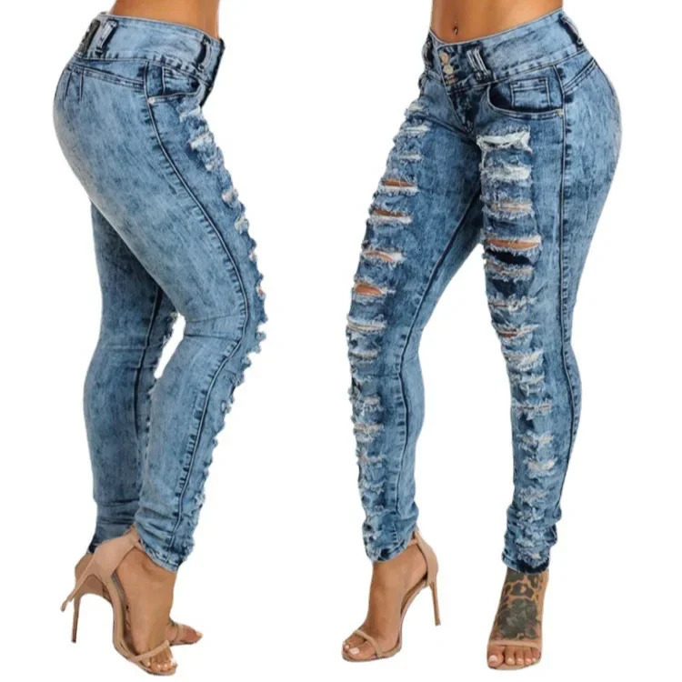 Ankle Length Jean Pencil Denim Hole Pants Ripped Pockets High Waist Skinny Streetwear Button Washed Distressed 250227