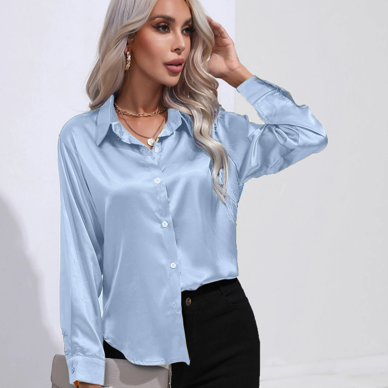 Autumn Casual Womens Blouses Elegant Satin Multicolor Basic Slim Shirt Solid Vintage Trend Ball Dance Party Shirt All-Match Top 250303