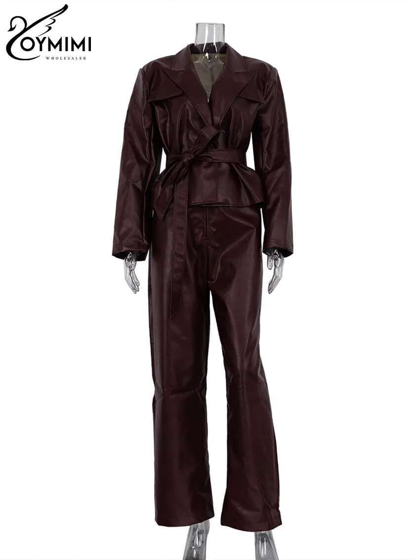 Vintage Wine Red Pu Leather Womens 2 Piece Outfit Elegant Long Sleeve Lace-Up Shirts And Straight Simple Trousers Set