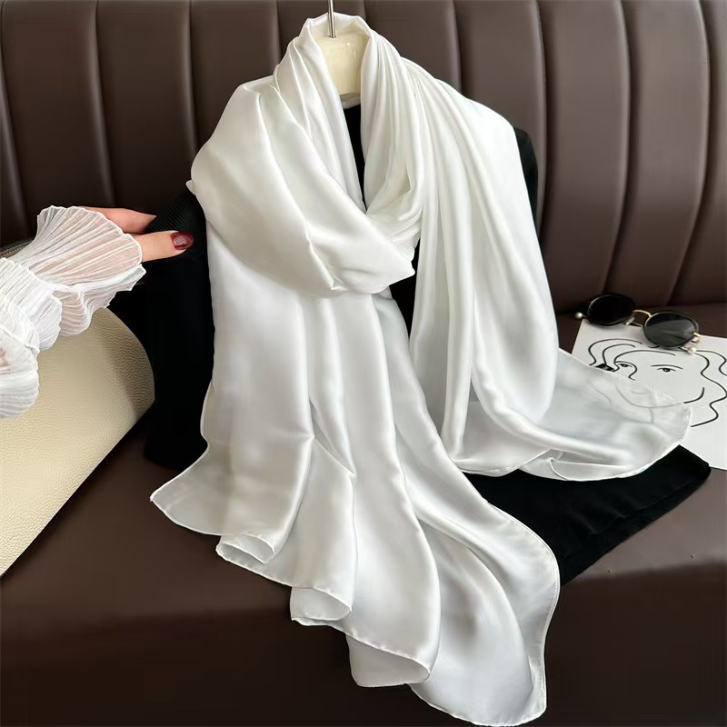 T224 Spring and Summer Pure Color Simple Long Silk Scarf All-match Scarf Women's Beach Towel Middle East Head Scarf Korean Satin Silk Scarf