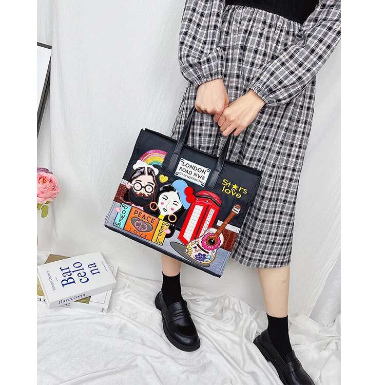 Cartoon Pattern Embroidery Nylon Shoulder Bag For Women Fashion Female Purses And Handbags Shopping Bags Ladies Designer Totes