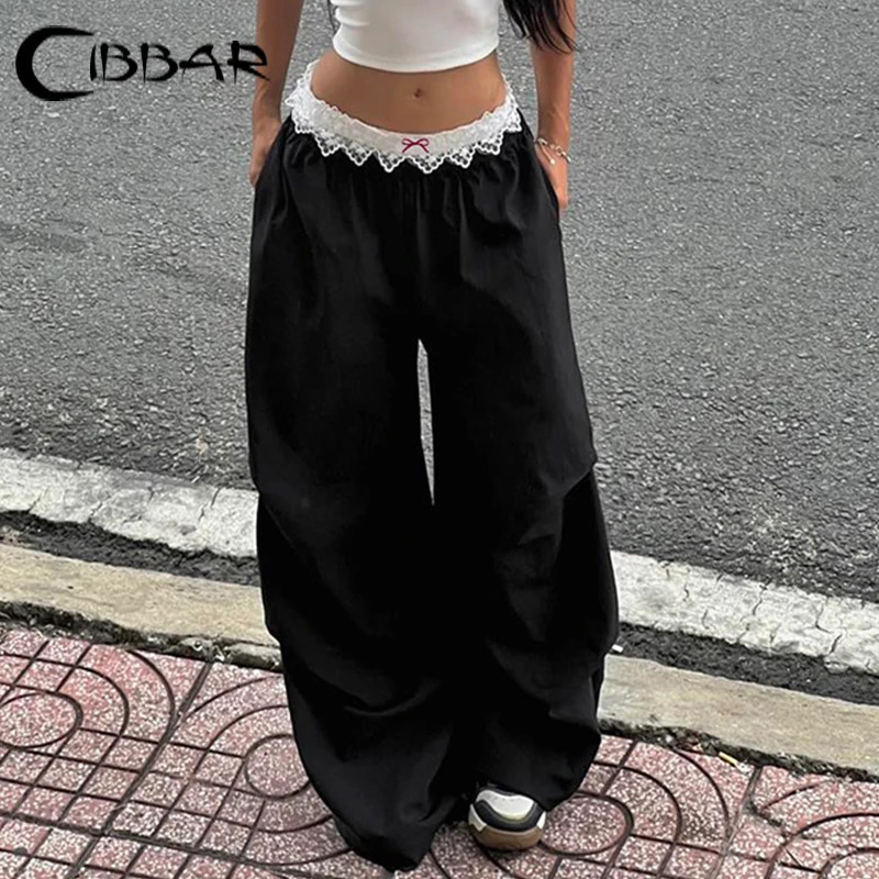 CIBBAR Contrast Lace Stitching Wide Leg Pants Streetwear y2k Low Rise Loose Black Trousers for Women Korean Fashion Baggy Capris 250303