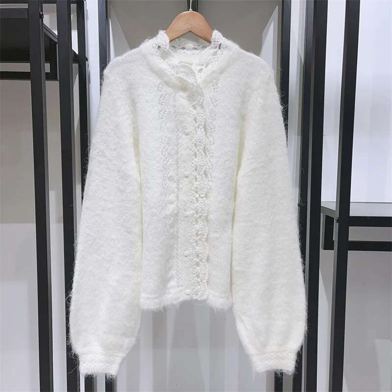 Early Spring Women Knitted Sweater Ladies Single-Breasted Petal Trim Hollow Out Cardigan Female Soft Knitwear Top