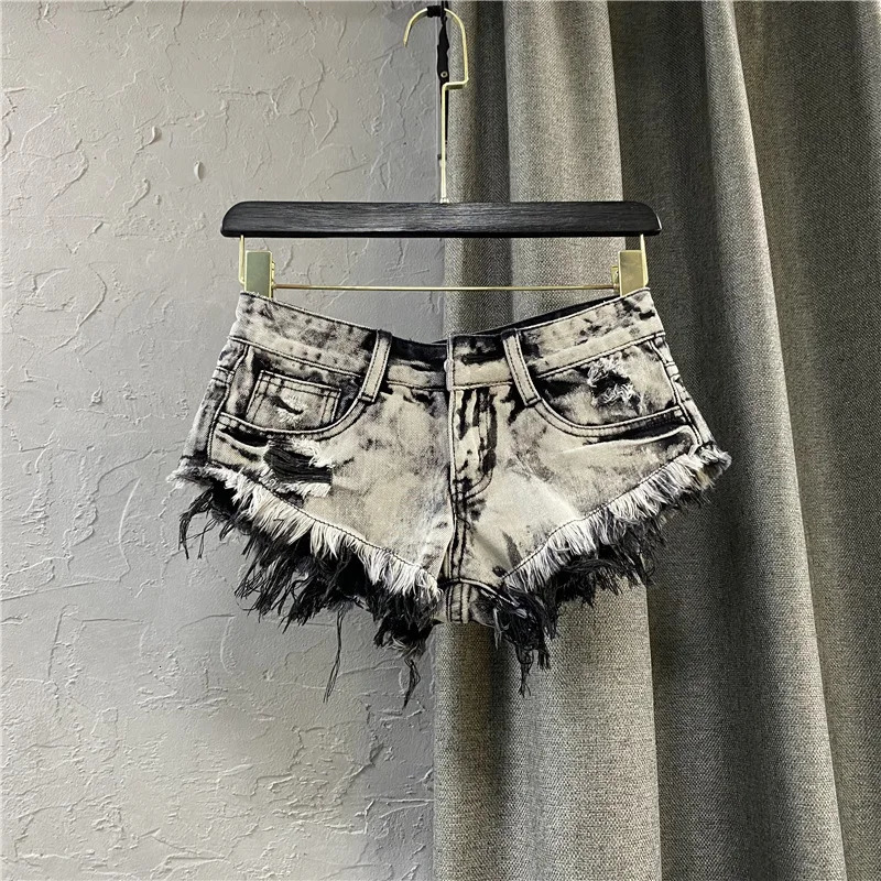 2025 Summer Low Waist Light Grey Broken Edge A-line Pants Korean Womens Personalized Ripped Denim Shorts 250303