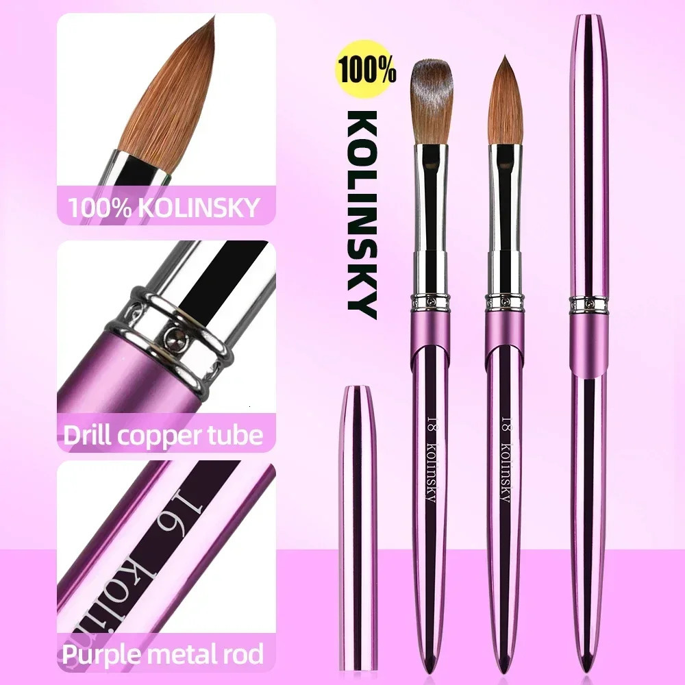 100% Kolinsky Acrylic Nail Brush 1Pcs Purple Crimped Metal Handle Drawing Brush for Acrylic Powder Size 2-18 250304
