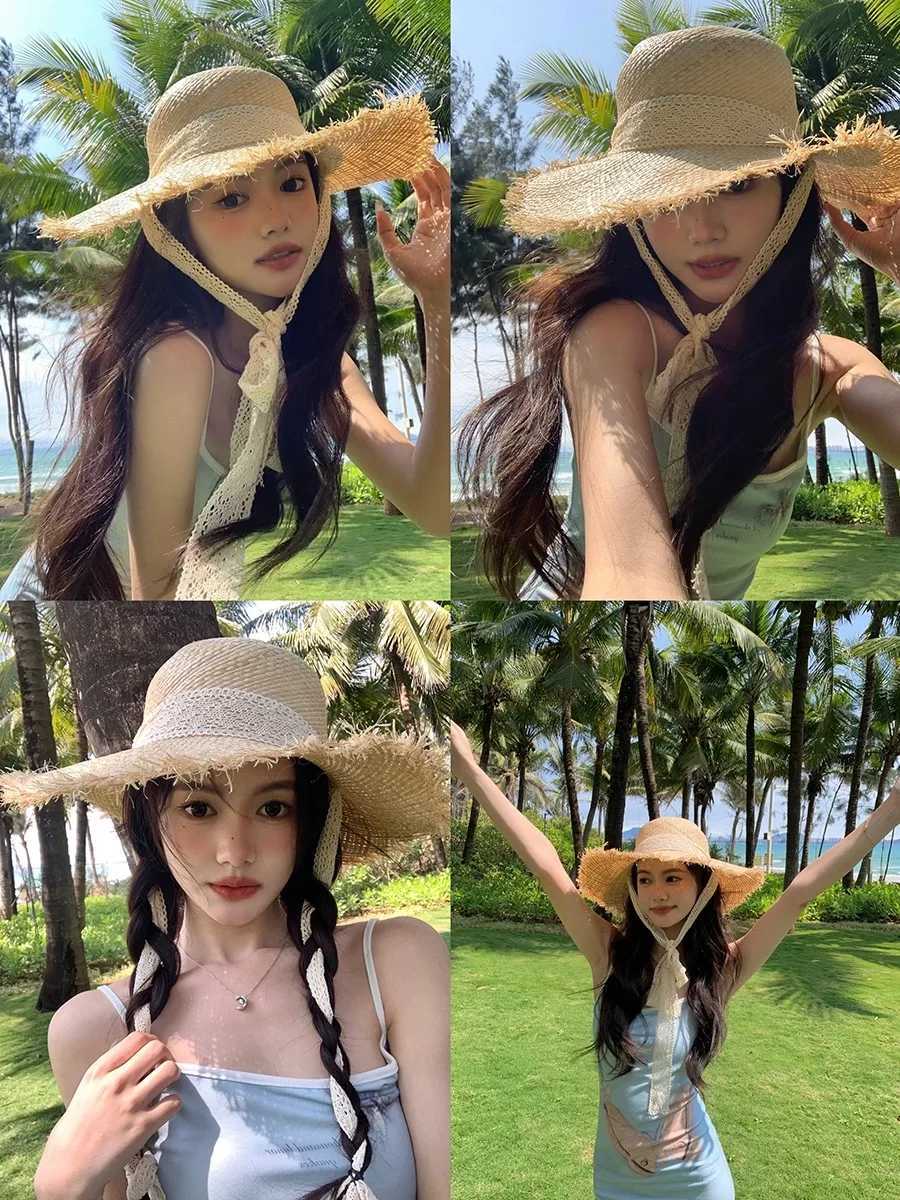 New Natural Raffia Hat Women Summer Hand Woven Str Hat Gilrs Holiday Sun Hat Wide Brim Sun Hat Floppy Panama Travel Beach HatXJ250304