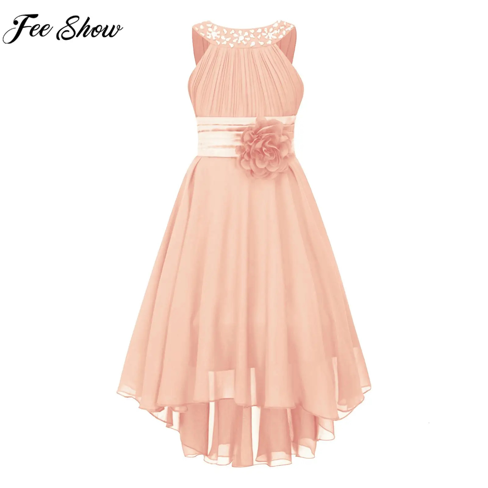 Kids Wedding Flower Girls Party Dress Sleeveless Ruched Shiny Beaded Hilow Hem Elegant Chiffon for Birthday Evening Prom 250303