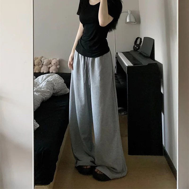 R Harajuku Wide Leg Sweatpants for Women Elastic Waist Casual Sport Pants Woman Streetwear Gray Oversize Sportswear Female 250303
