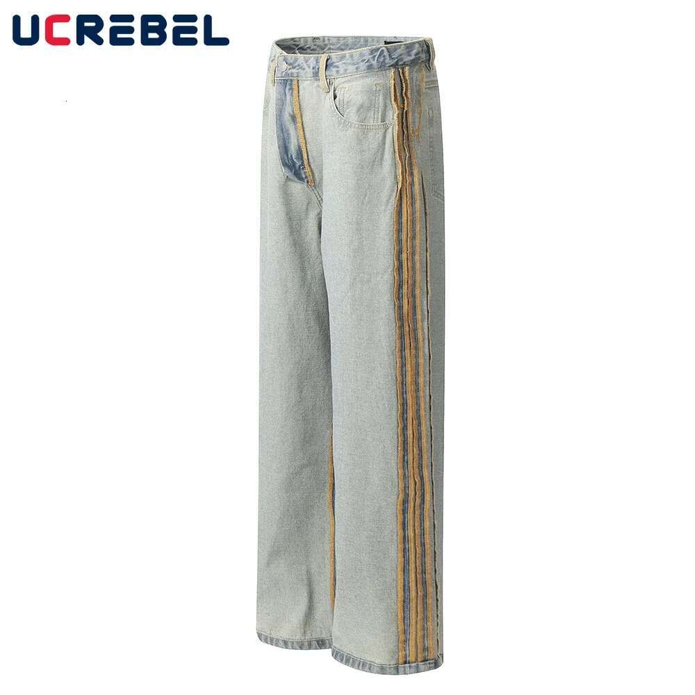 Side Stripe Washed Distressed Jeans Mens Spliced High Street Loose Straight Wide Leg Denim Pants Men Trousers