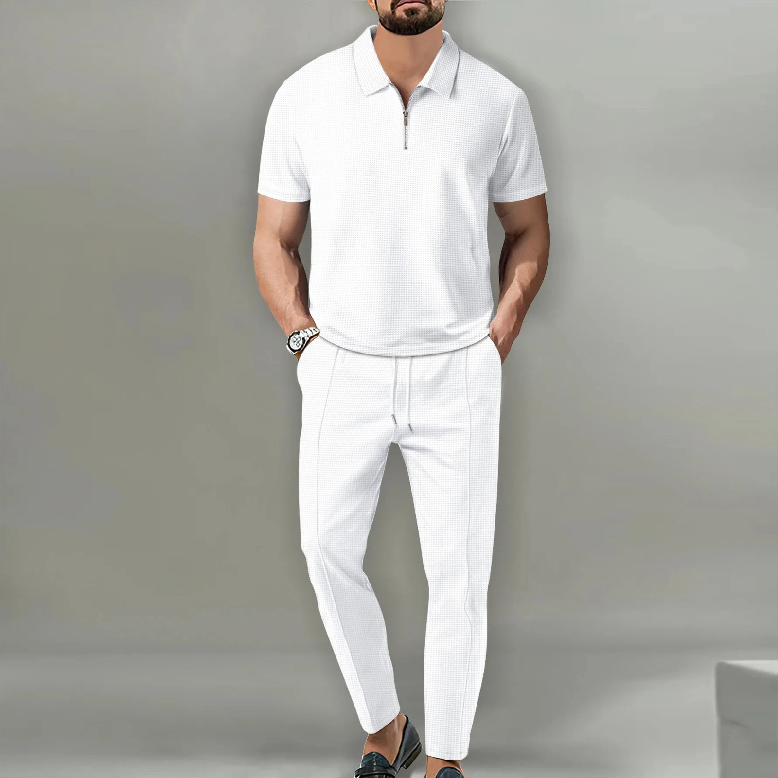 spring European and American foreign trade mens solid color suit Waffle collar short-sleeved zipper pants suit 250303