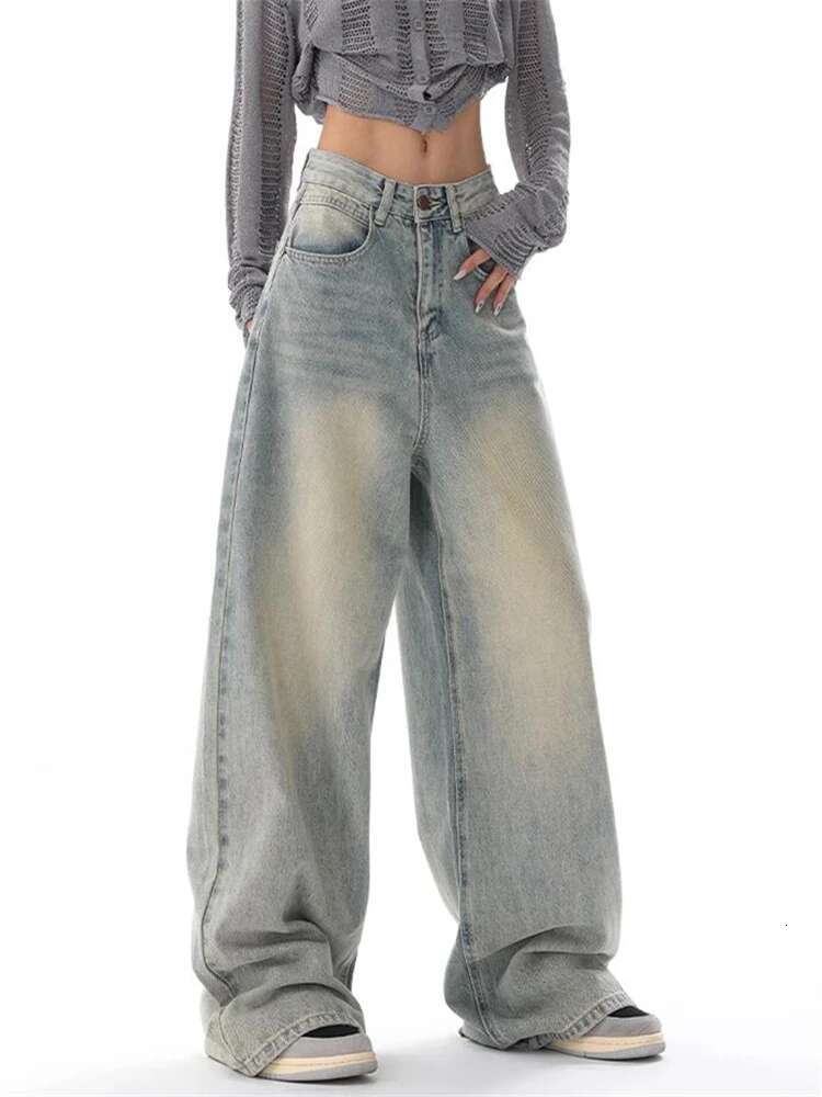 Women's American Vintage Washed Thin Jeans Street Casual Neutral Style Blue Denim Trousers Female High Waist Straight Pants