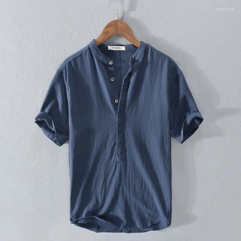 Men's Casual Shirts Cotton And Linen Shirt High-end Loose Short Sleeves Half-open Button Henry Collar Breathable Inch Trendy