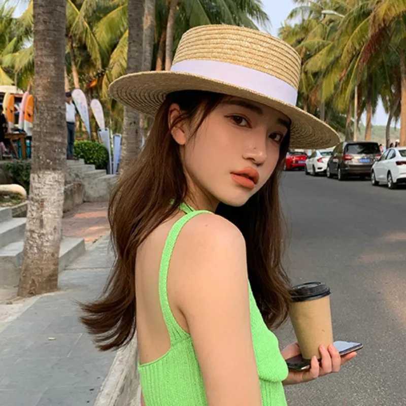 Summer Black White Ribbon Beach Sun Hats Women Men 5/7/10cm Wide Brim Uv Protection Str Hat Female Round Flat Top Panama CsXJ250304