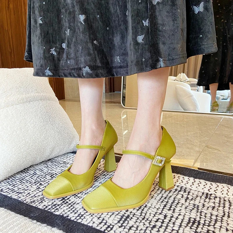 Womens Shoes 2025 Shallow Womens High Heels Fashion Buckle Strap Dress Pumps Women Square Toe Solid Heels Women 250228