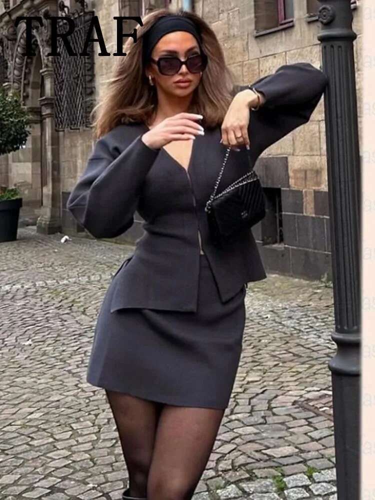 TRAF Mini Skirt Sets For 2 Pieces Knit Coat Suits New Two Piece Set Women Outfit Streetwear Clothing