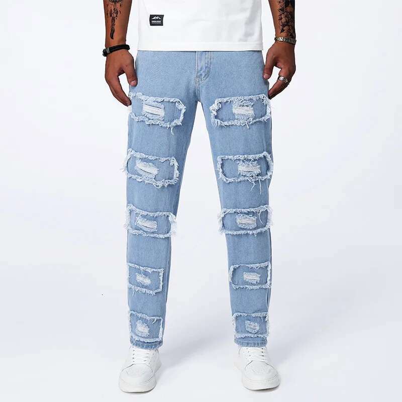 American High Street Broken Hole Jeans Slim Small Leg Summer Thin Section Light Blue Casual Elastic Pants Men