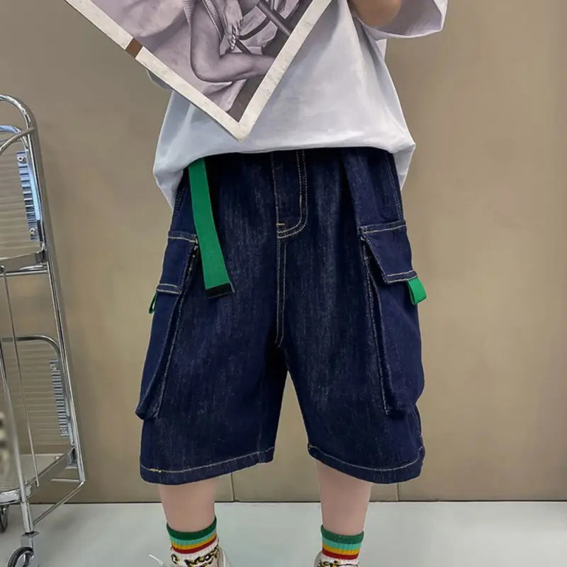 312Y Boys Denim Shorts Summer Thin Kids Solid Color Fashion Pants Children Elastic Pure Cotton Casual Five Quarter 250303
