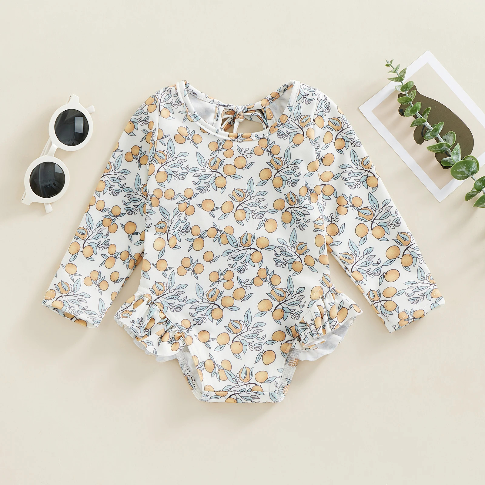 Kids Baby Girl Summer Swimwear Floral Print Backless Ruffles Long Sleeve Bodysuit Bathing Suit Girls Beachwear 0-4 Years 250303