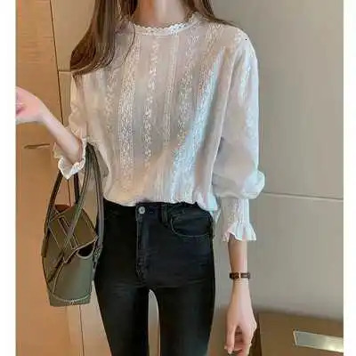 Dingaozlz Vintage style lace shirt Flare sleeve Hollow out White blouse Casual clothing fashion Women lace Tops Blouse 250228