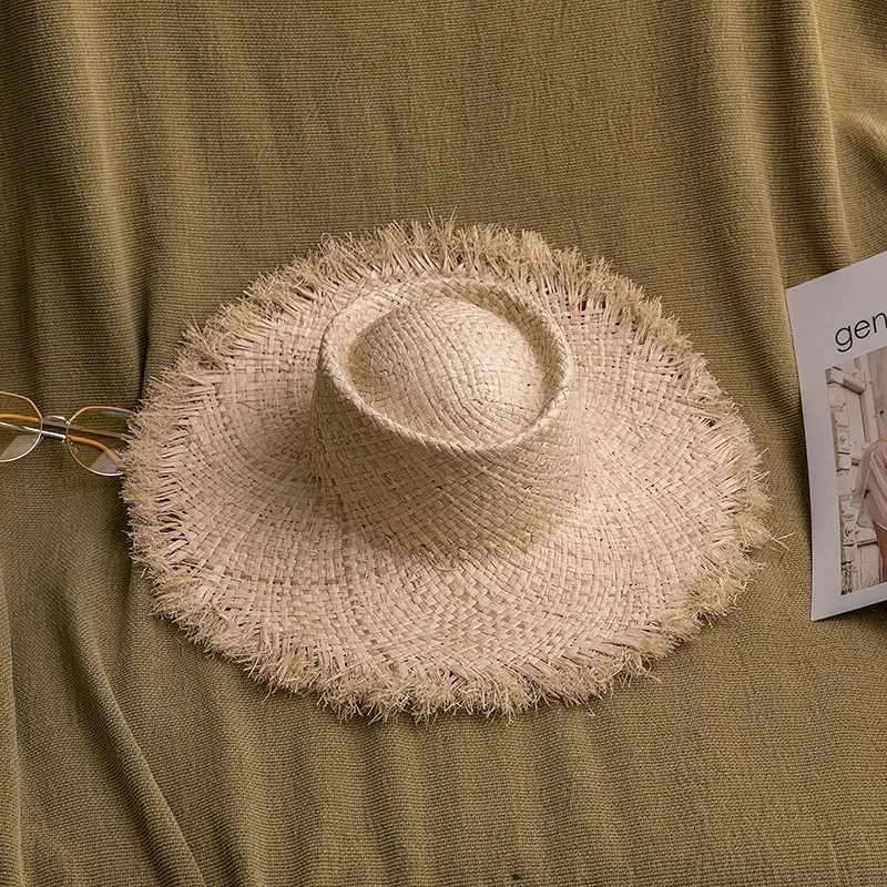 2024 Handmade Big Brim Hat Oversized Tassel Burrs Women Men Str Sun Brim Hats Natural Raffia Panama Beach Summer HatXJ250304