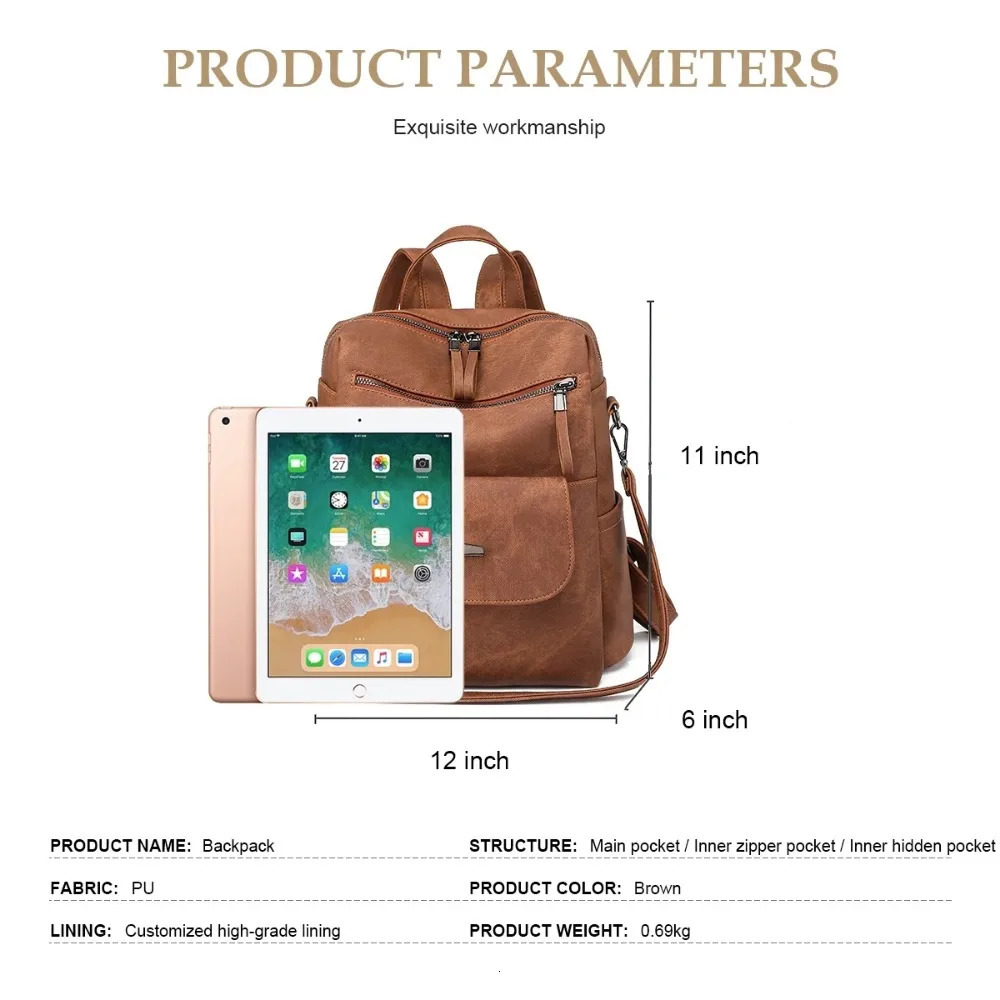 Ship from US Backpack Purse for Womens Waterproof PU Leather Backpacks Handbags Ladies Casual Shoulder Bags Brown 250304FBB