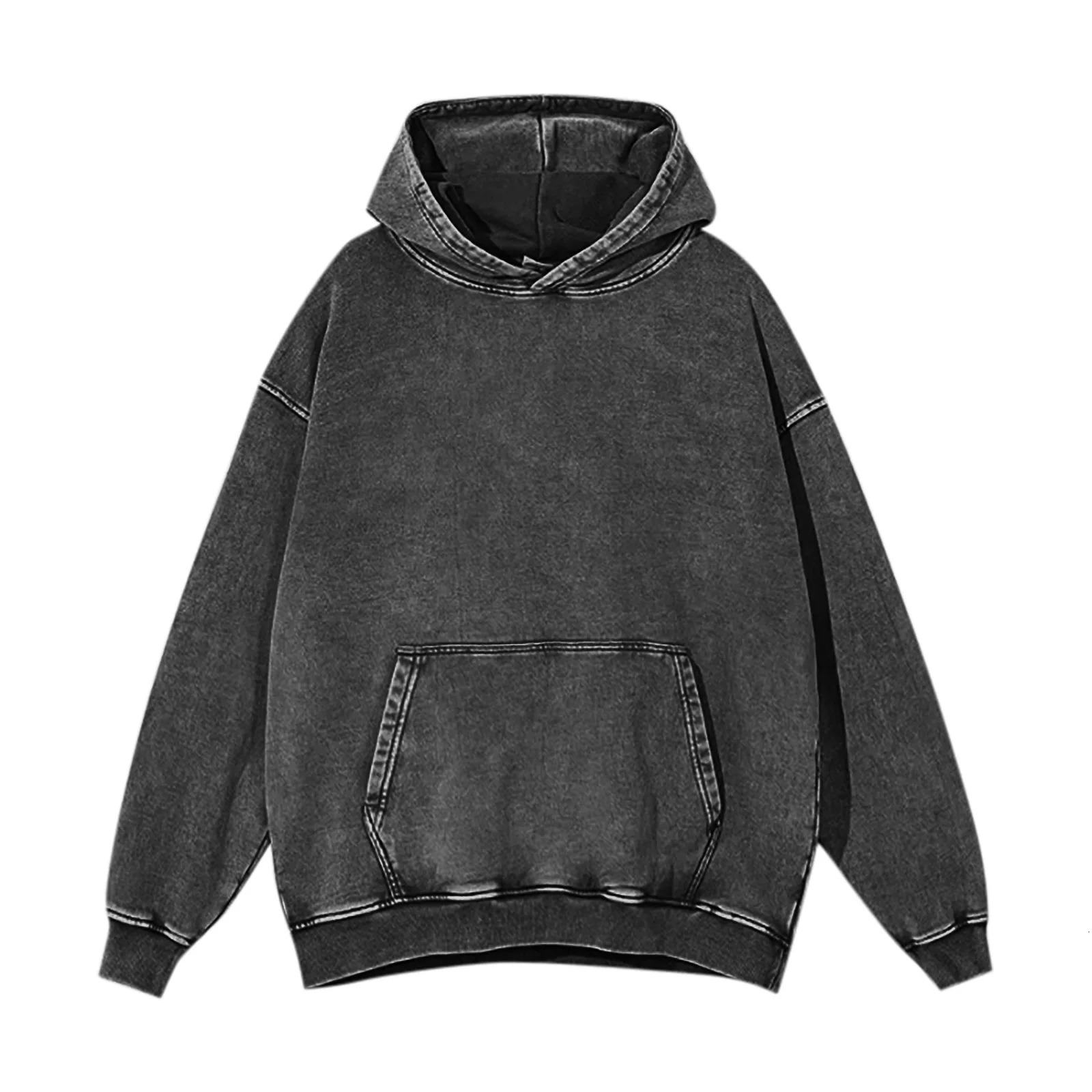 Vintage Washed Distressed Hoodies Solid Color Grunge Oversized Hoodie Pocket Long Sleeve Retro Y2k Loose Sweatshirt Men 250303