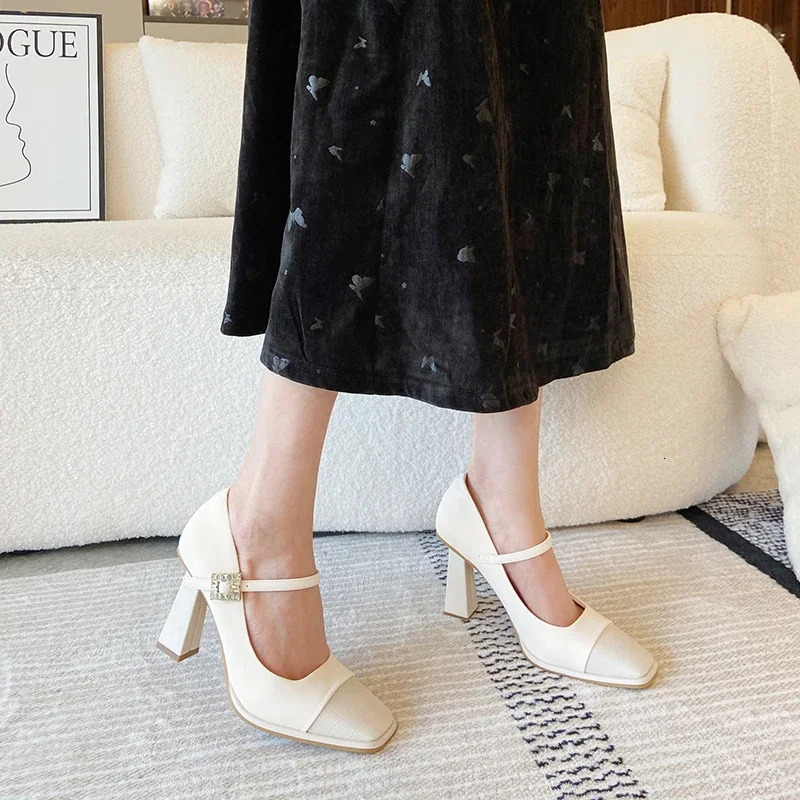 Womens Shoes 2025 Shallow Womens High Heels Fashion Buckle Strap Dress Pumps Women Square Toe Solid Heels Women 250228