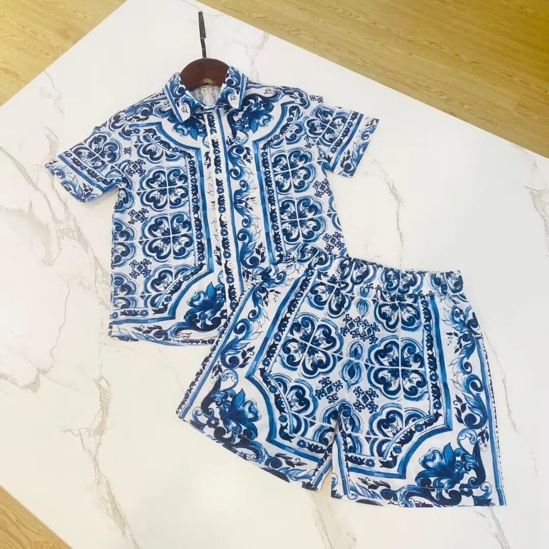 style high end boy set blue flower shirt shorts boy clothing beach shorts summer soft cotton baby boy wear 250304