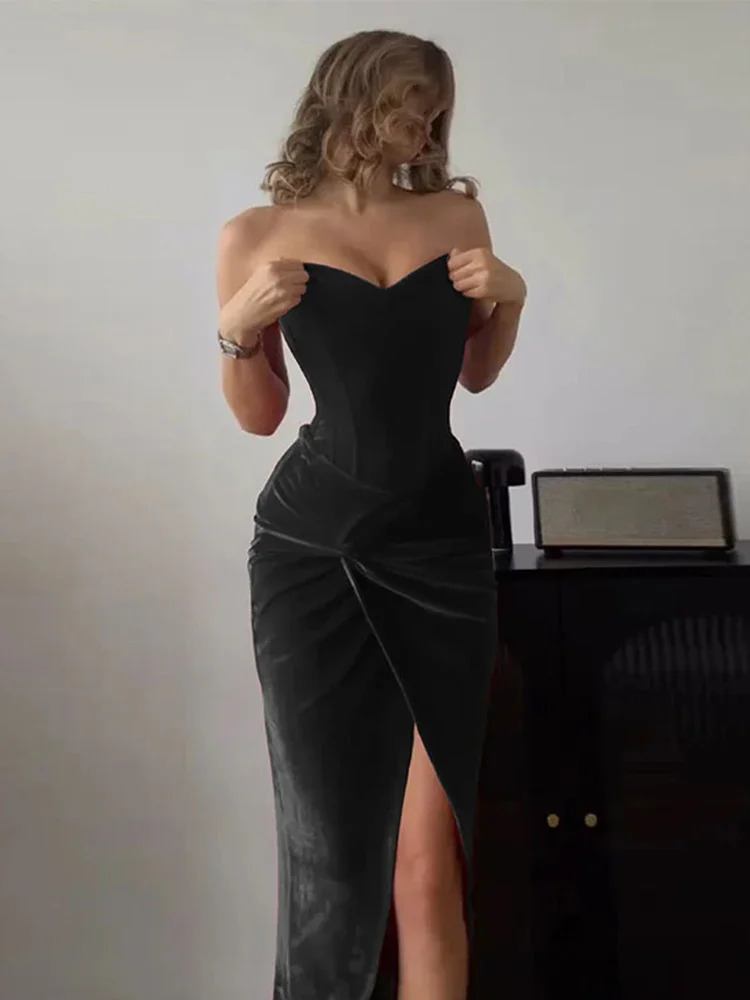 Red Strapless Velvet Knot Dress, Back Lace Up, Waist Cinching, Party & Evening Wear C260312
