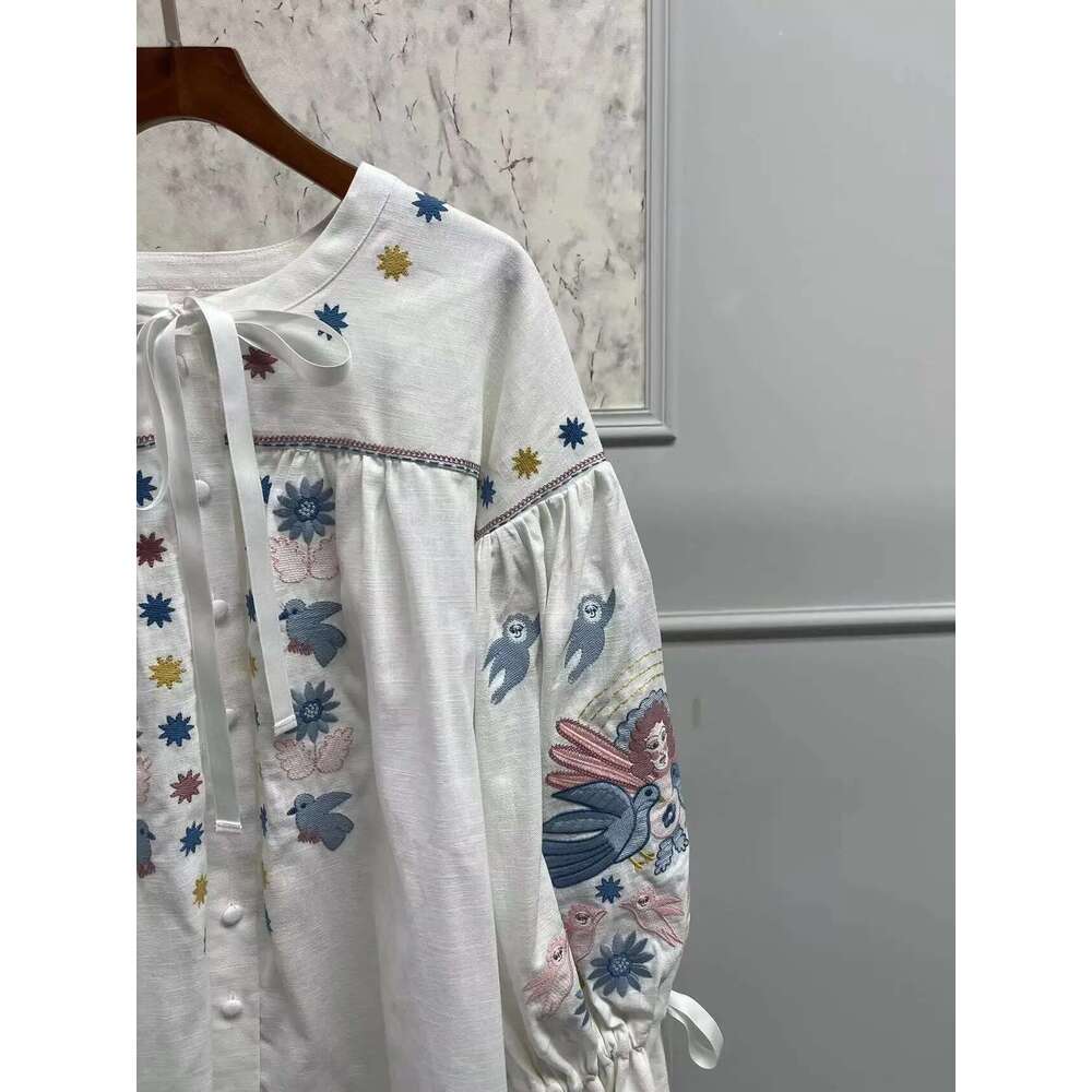Women 100% En Casual Blouse Early Autumn Single Breasted Lace-Up O-Neck Lantern Sleeve Ladies Embroidery White Shirt Top