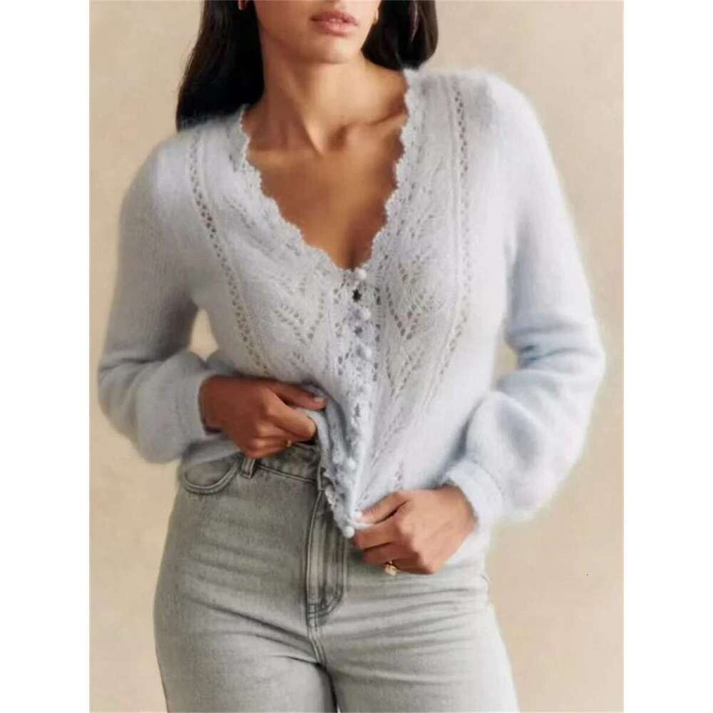 2 Colors Knit Cardigan Women Crochet Hollow Out Wear Both Front And Back V-Neck Mohair Wool Blends Fall 2025 Female Sweater