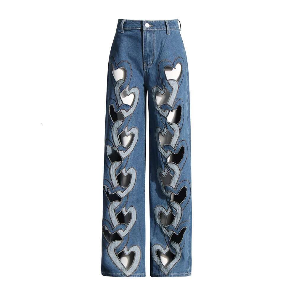 TWOTWINSTYLE Hollow Out Denim Pants For Women High Waist Streetwear Designer Loose Wide Leg Spliced Button Jeans Female Style