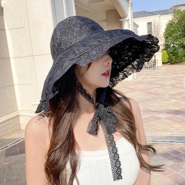 Woman Lace Sun Hat White Black Summer Hats for Women Bucket Hat Beach Sunhat Large Wide Brim Summer C for WomenXJ250304